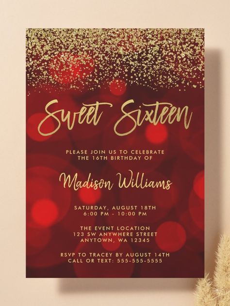 Modern Red Bokeh Gold Glitter Sweet 16 Invitation This red and gold sweet 16 invitation is sure to impress! #birthday #happybirthday #birthdaycards #birthdayparty #turningsixteen #16thbirthday #sweetsixteen Sweet 16 Decorations Red And Gold, 16 Birthday Party Ideas Red, Christmas Sweet 16 Party Ideas, Sweet 16 Red And Gold Theme, Sweet 16 Party Ideas Red Black And Gold, Red And Gold Birthday Theme, Sweet 16 Party Ideas Red, Red And Gold Sweet 16, Red Sweet 16