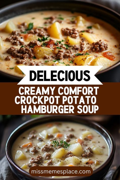 Indulge in the creamy comfort of Crockpot Potato & Hamburger Soup, the ideal dish for those chilly nights. This recipe features a comforting blend of ground beef, tender potatoes, and rich seasonings, all simmered to perfection in your slow cooker. It's a family-friendly meal that can be easily customized to suit your preferences. Whether you enjoy it with a sprinkle of cheese or a side of bread, this soup is sure to be a hit at your table. Perfect for leftovers, Crockpot Recipes Beef And Potatoes, Crockpot Beef And Potato Soup, Hamburger Potatoes Crockpot, Hamburger Potato Crockpot, Crockpot Hamburger And Potato Soup, Best Ground Beef Crockpot Recipes, Beef And Potato Crockpot Recipes, Crockpot Recipe With Potatoes, Ground Beef Crockpot Soup