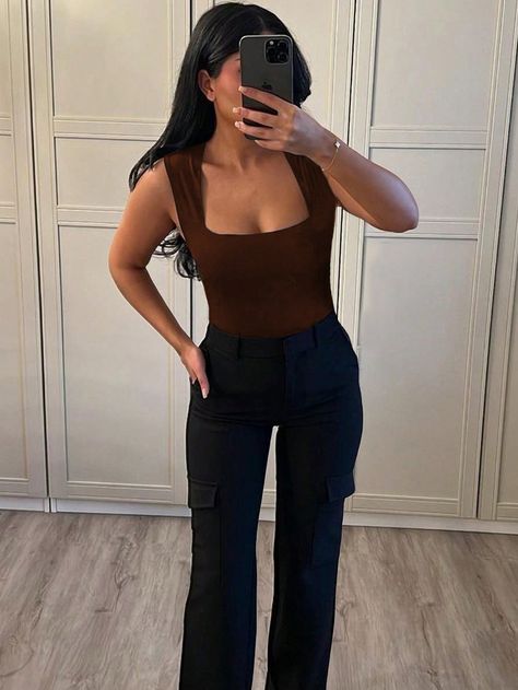 Women's Solid Color Square Neck Casual Bodysuit, Summer Coffee Brown Casual  Long Sleeve Polyester Plain Tank High Stretch  Women Clothing, size features are:Bust: ,Length: ,Sleeve Length: Square Body Outfits, Brown Bodysuit Outfit, Brown Bodysuit, Summer Coffee, Pear Body, Casual Bodysuit, Body Outfit, Body Suit Outfits, Square Body