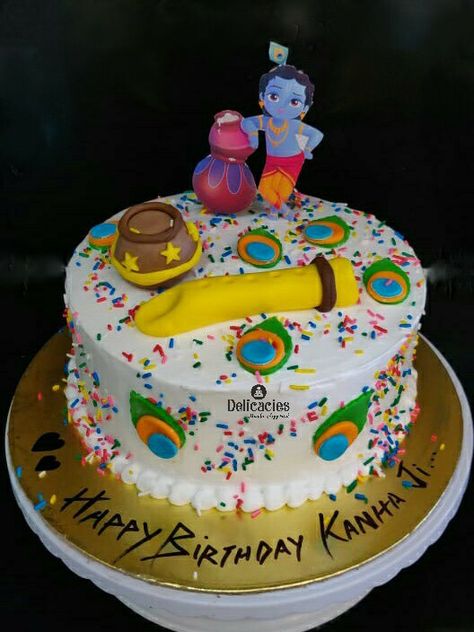 Krishna birthday theme cake.. Kanha Cake Design, Happy Birthday Krishna Cake, Happy Birthday Kanha Ji, Janamstmi Cake, Krishna Birthday Theme, Krishna Theme Cake, Holi Cake, Rice Ceremony, Krishna Birthday