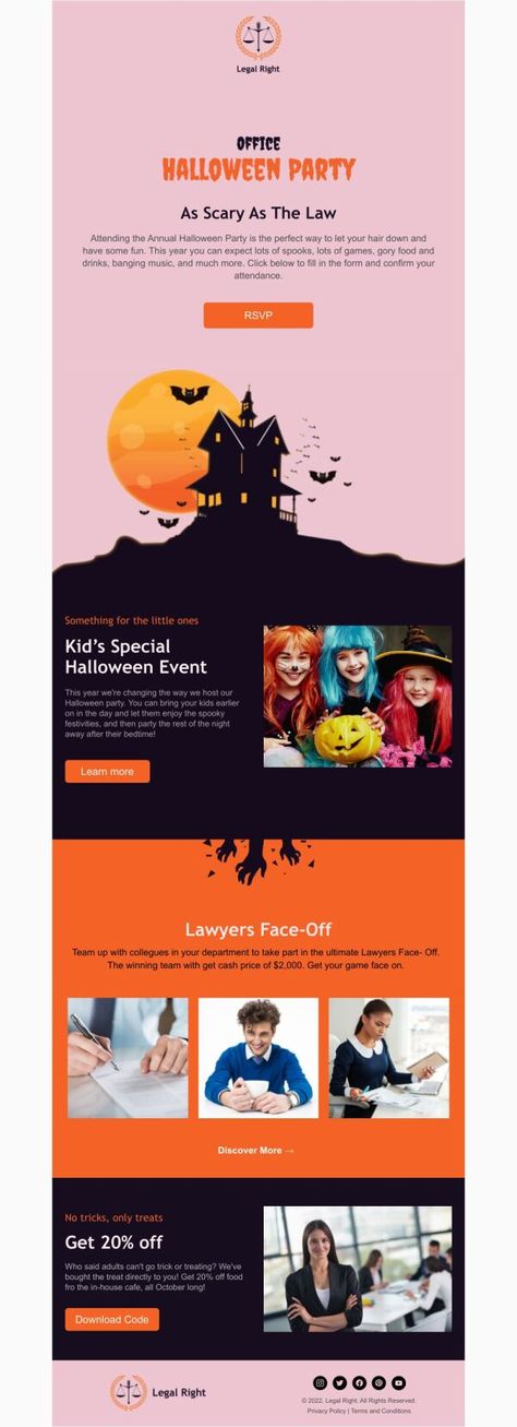 With PosterMyWall's Email Maker, you can customize design templates for Newsletter email marketing campaigns in minutes. Choose a design, edit, and publish directly from PosterMyWall. Newsletter Email Template 'Office Party' for Halloween. Tags: trick, or, treat, email, template, spooky, office, newsletter, happy, halloween, party, ghost, event, corporate, Free Halloween Email Templates Halloween Graphic Design Illustration, Halloween Email Design, Event Newsletter, Halloween Newsletter, Spooky Office, Corporate Halloween, Email Layout, Newsletter Inspiration, Annual Halloween Party