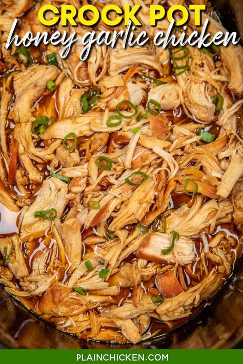 Crock Pot Honey Garlic Chicken Recipe - tender chicken simmered in a blend of honey, garlic, soy sauce, and apple cider vinegar – it's a flavor sensation you won't want to miss. Serve over cauliflower rice, brown rice, quinoa, or wrap it up in lettuce for a customizable meal that suits every palate. Easy, delicious, and perfect for busy days. Honey Garlic Soy Sauce, Crock Pot Honey Garlic Chicken, Garlic Chicken Recipe, Garlic Chicken Recipes, Honey Garlic Chicken, Crock Pot Slow Cooker, Crockpot Recipes Slow Cooker, Crock Pot Cooking, Chicken Dishes Recipes