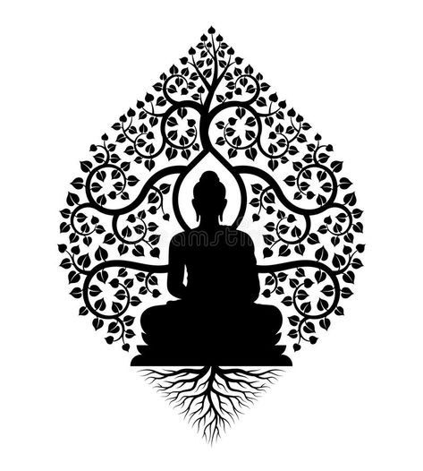 Black Buddha Meditation under bodhi tree with leaf and root sign vector design royalty free illustration Bodhi Tree Drawing, Buddha Line Art, Bodhi Tree Art, Buddha Design, Buddha Drawing, Black Buddha, Buddha Tattoo Design, Bodhi Leaf, Buddha Art Drawing