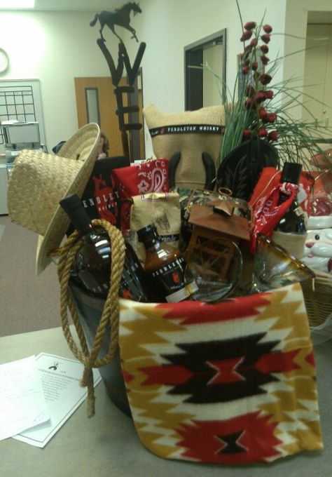 Pendleton Whiskey Western Basket Western Silent Auction Ideas, Western Gift Ideas Men, Western Theme Gift Basket Ideas, Western Gift Basket Ideas, Cowboy Gift Basket, Western Gifts For Men, Western Gift Basket, Western Auction Basket, Western Baskets