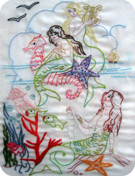 Mermaid Embroidery, Lazy Daisy Stitch, Vintage Mermaid, Embroidery Transfers, Embroidery Patterns Vintage, Vintage Embroidery, Embroidery Inspiration, Beautiful Embroidery, Crazy Quilts