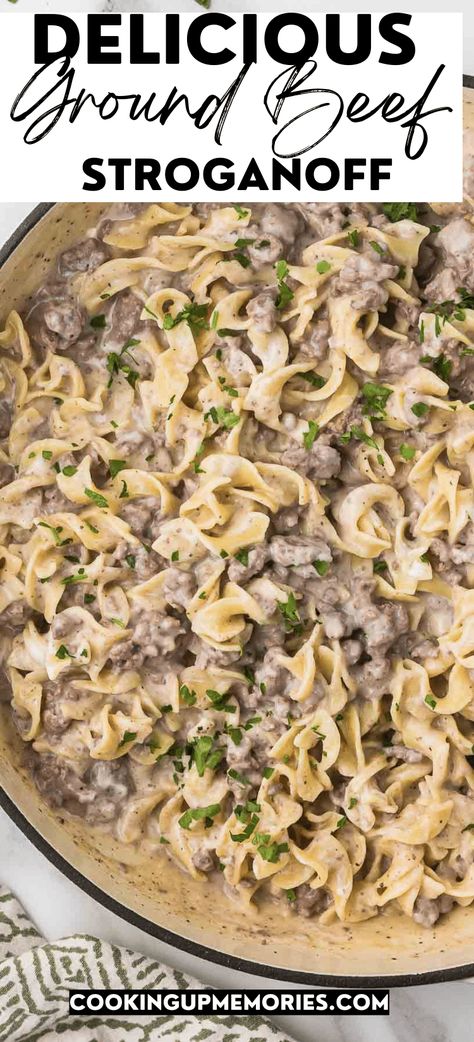 This Ground Beef Stroganoff is budge-friendly, family-friendly and is the definition of comfort food. Ready in just 30 minutes. Lazy Beef Stroganoff, Meal Prep Beef Stroganoff, Diy Beef Stroganoff, Ground Meat Stroganoff, Ground Beef Uses, Slow Cooker Beef Stroganoff Ground Beef, Things To Make With Burger, Ground Beef Stroganoff Recipe Homemade Hamburger Helper, One Pot Stroganoff