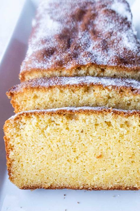 gluten-free sliced loaf of rice flour pound cake sprinkled with sugar Gluten Free Pound Cake, Rice Flour Recipes, Gluten Free Pantry, Lemon Icing, Lemon Loaf, Best Gluten Free Recipes, Gluten Free Sweet, Gf Desserts, Gluten Free Rice