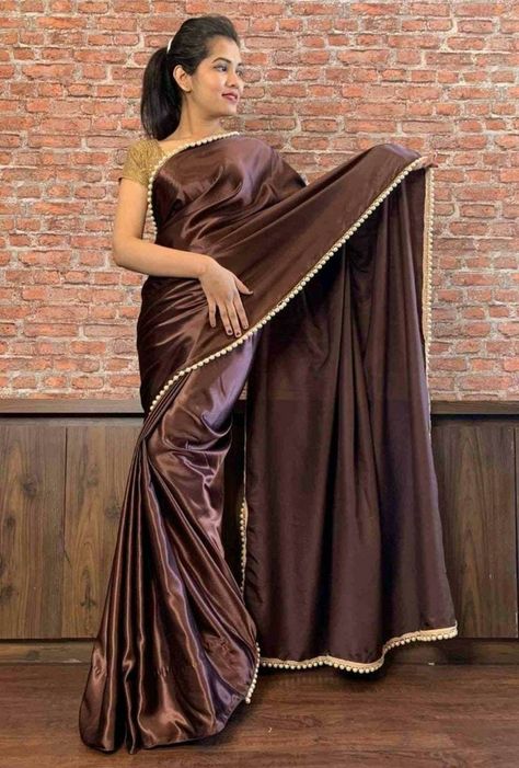 Brown Satin Saree, Moti Lace, 1 Minute Saree, Lace Border Saree, Kashta Saree, Saree Accessories, Blush Prom Dress, Formal Saree, Long Indian Hair