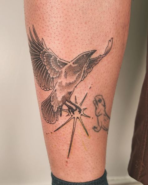 maggie carr | Zooming and cruising crow in flight for Erin 🖤�🖤🖤 where is he off to you decide 👁️ * * * * * #tattooart #tattooartist #birdtattoo… | Instagram Fine Line Crow Tattoo, Shrike Tattoo, Flying Crow Tattoo, Bird Tattoo Placement, Turkey Vulture Tattoo, Indigenous Tattoo Ideas, Cardinal Bird Tattoos, Crow In Flight, Crow Tattoos