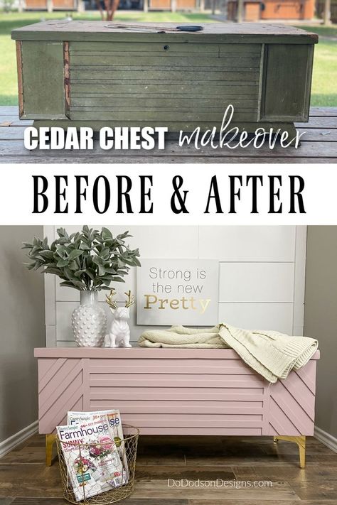 They call it a hope chest, but I had my doubts about this DIY cedar chest makeover. I decided to try this new technique of adding wood strips to give it a modern farmhouse vibe. Huge success! Learn all the details of this before after on the blog. Refinished Cedar Chest Ideas, Diy Cedar Chest, Lane Cedar Chest Makeover, Cedar Chest Makeover, Hope Chest Makeover, Cedar Chest Redo, Lane Cedar Chest, Chests Diy, Chest Makeover