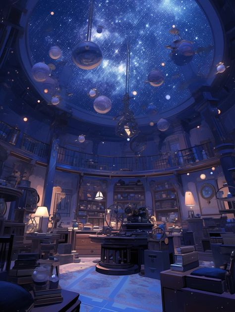 Observatory Interior Design, Planetarium Concept Art, Blue Magician Aesthetic, Fantasy Planetarium, Alien Interior Design, Observatory Aesthetic, Celestial Castle, Starry Room, Alchemy Room