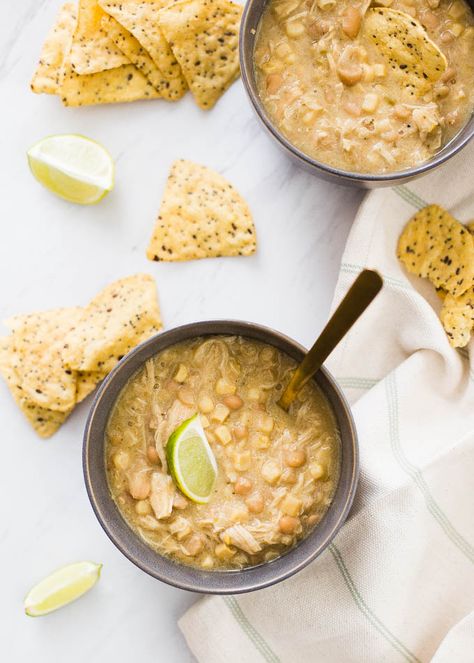 This easy, healthy Coconut Lime White Chicken Chili can be made in the slow cooker or instant pot and is a family favorite! White Chicken Chili Recipe Crockpot, White Chicken Chili Healthy, White Chicken Chili Slow Cooker, Coconut Lime Chicken, Crockpot White Chicken Chili, White Chili Chicken Recipe, White Chicken Chili, White Chicken, Lime Chicken