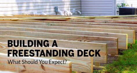 Building a Freestanding Deck: What Should You Expect? (Updated 2021) Moveable Deck Platform, Free Standing Decks Diy, Free Standing Porch, Deck For Mobile Home, Pier Blocks, Free Deck Plans, Mobile Home Deck, Freestanding Deck, Deck Building Plans