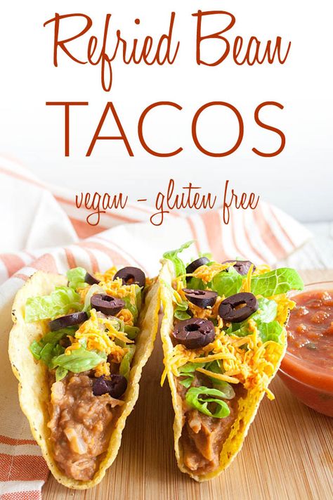 Refried Bean Tacos, Vegan Refried Beans, Vegan Tacos Recipes, Refried Bean, Refried Beans Recipe, Taco Shells, Bean Tacos, Vegan Tacos, Taco Recipes