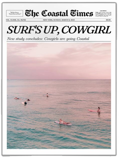 Newspaper Pictures, Beachy Prints, Cowgirl Poster, Beach Wall Collage, Girl Dorms, Beach Canvas Wall Art, Surfing Pictures, Surf Poster, Wall Art Coastal