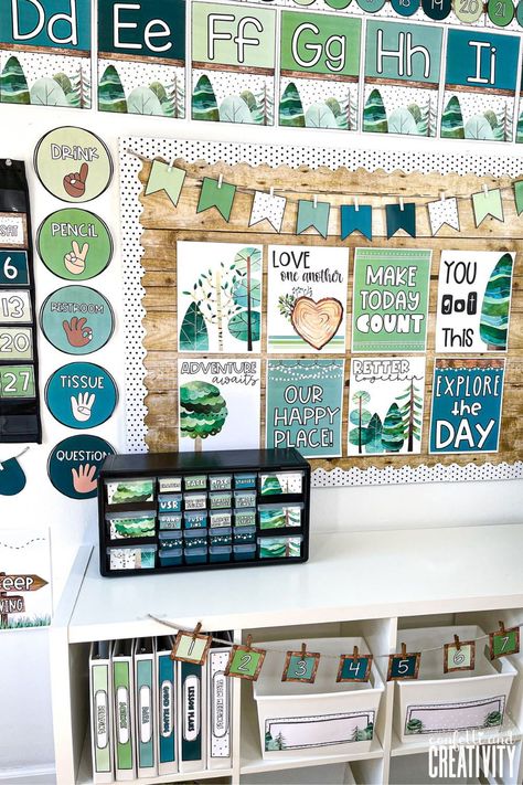 Decorate your classroom with this calming nature theme classroom decor bundle! This bundle includes everything you need to set up your classroom this year. You and your students will love this classroom theme! Preschool Classroom Decor Aesthetic, Leaf Classroom Theme, Natural Bulletin Board, Preschool Classroom Decor Bundle, Classroom Outdoor Theme, Different Classroom Themes, Blue Green Classroom Theme, Nature Aesthetic Classroom, Elementary Classroom Themes Nature