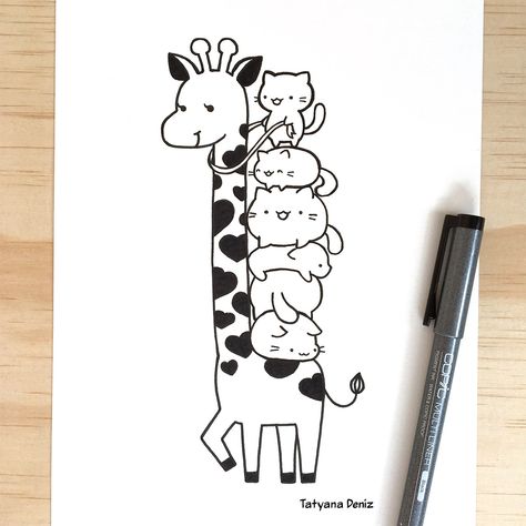 Cute and funny drawing of a cat pile riding a giraffe Fun Pictures To Draw, Funny Pictures To Draw, Doddle Art, Kawaii Drawing, Arte Doodle, Doodle Art Journals, Doodle Art Drawing, Cute Doodles Drawings, Funny Drawings