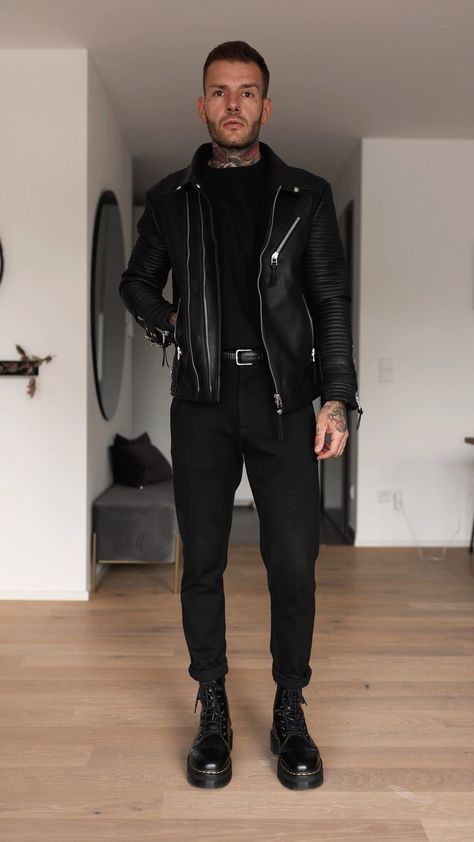 Men’s All Black Club Outfit, Metal Band Outfit Men, Health Goth Men, Mens Techno Outfit, Leather Jacket Outfit Men Formal, Men Gothic Outfit, All Black Casual Outfit Men, Night Out Outfits Men, Mens Black Leather Jacket Outfit