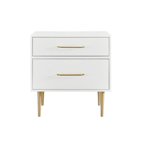 White And Gold Nightstand, Gold Nightstand, Two Drawer Nightstand, Gold Drawer Pulls, White Bedside Table, Gold Bedroom, Home Decor Products, White Nightstand, Preppy Room