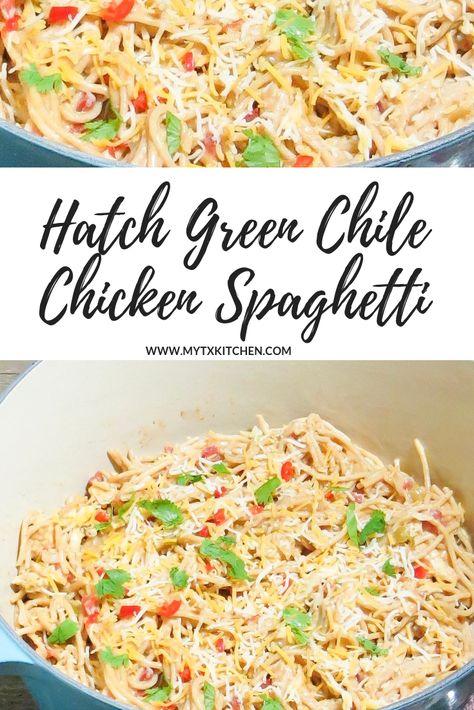 Hatch Green Chile Chicken Spaghetti | My Texas Kitchen | Lightened up Texas comfort food. No canned soup.   #comfortfood #chicken #chickenspaghetti #dinnerinspo Hatch Green Chili Recipe, Hatch Chili Recipes, Southwest Sauce, Hatch Chile Recipes, Hatch Green Chili, Chili Pasta, Green Chile Recipes, Green Chili Recipes, Texas Kitchen