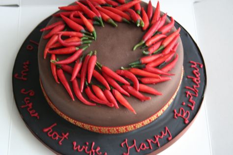 Here’s how the cake looked with the chillies thrown on… The cake itself was a rich chocolate cake filled with chilli chocolate ganache. The chillies were handcrafted from marzipan and p… Chilli Chocolate, Chocolate Pictures, Beach Cakes, Rich Chocolate Cake, 50th Birthday Cake, Types Of Cakes, Cake Boss, Novelty Cakes, Red Food