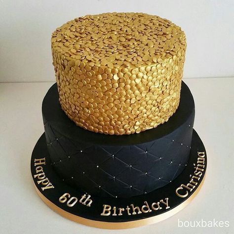 Two tiered black and gold sequin 60th birthday cake Cake Designs Black, Cake Designs Black And Gold, Gold Sheet Cake, Black And Gold Sheet Cake, Black And Gold Single Tier Cake, Black And Gold 2 Tier Birthday Cake, Gold Cake With Black Drip, Black And Gold Three Tier Cake, Black Cake Gold Drip