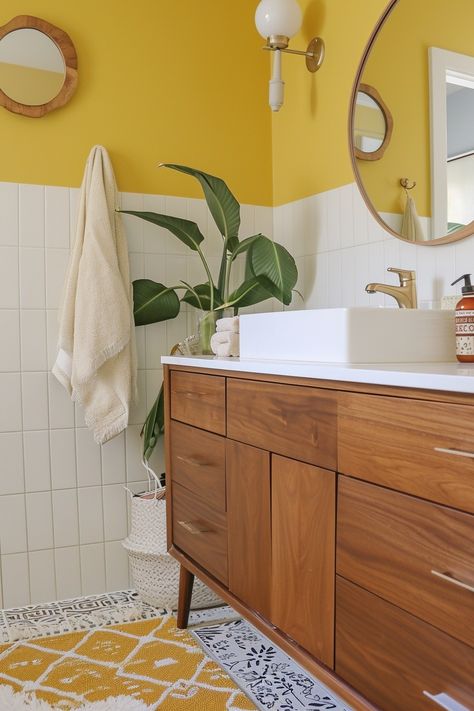 Gold Bathroom Walls, Fun Bathroom Paint Ideas, Yellow Half Bath, Yellow Toilet Room, Yellow Black And White Bathroom, Yellow Bathroom Aesthetic, Yellow And Pink Bathroom, Bathroom With Yellow Tile, Small Yellow Bathroom