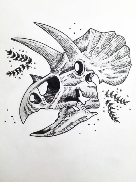 Cool Dinosaur Drawings, Dino Skull Drawing, Triceratops Skull Tattoo, Dinosaur Head Drawing, Dinosaur Skull Drawing, Scientific Illustration Tattoo, Matching Dinosaur Tattoos, Dinosaur Skull Tattoo, Dinosaur Tattoo Ideas