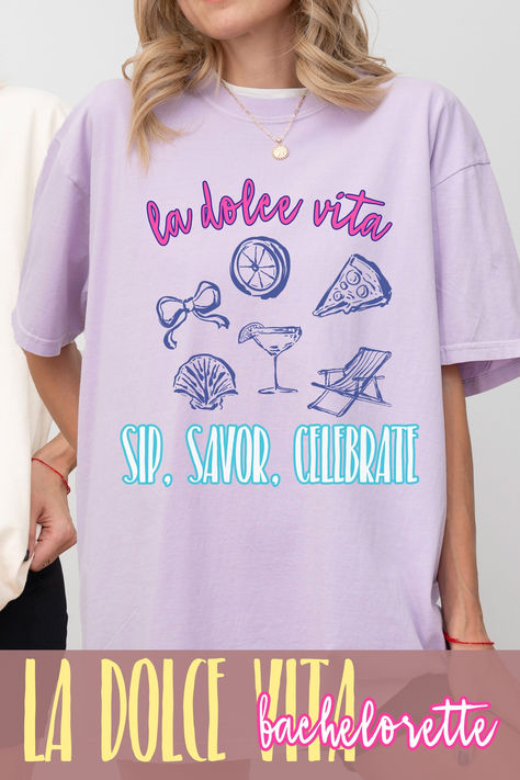 Make your next girls' trip, bachelorette party, or birthday celebration extra special with this custom amalfi coast themed shirt. It's the perfect personalized gift or party favor! #ladolcevita #beachbachelorette #bridalpartygift #sipsavorcelebrate #flingbeforering #thatsamore Bach Party Theme, Beach Bridal Party, Bachelorette Shirt, Beach Bachelorette, Beach Bridal, Ciao Bella, Bach Party, Bachelorette Shirts, Bridal Party Gifts