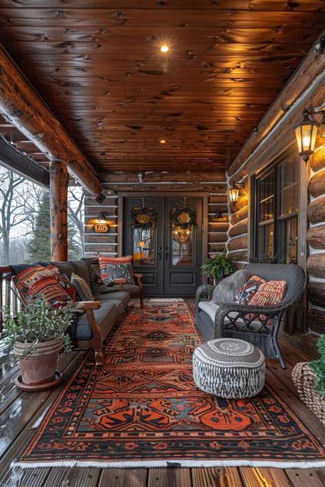 Attractive Log Cabins Log Cabin Porch Ideas, Cabin Wrap Around Porch, Hunting Cottage, Cozy Scenery, Cabin Porch Ideas, Log Cabin Makeover, Log Cabin Rooms, Log Cabin Porch, Cottage In Woods