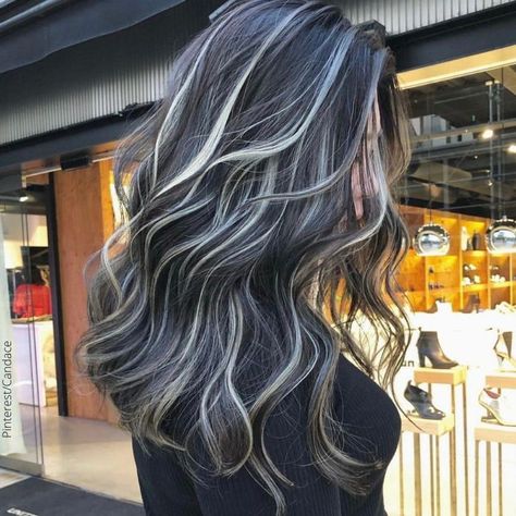 Long Black Hair With White Highlights, Black Hair With Silver Ends, Dark With Platinum Highlights, Platinum Blonde Streaks On Dark Hair, Highlights Dark Hair Short, Smokey Ash Brown Balayage Dark Short Hair, White Highlights In Black Hair, Hair Dyeing Styles, Black And Gray Hair Highlights