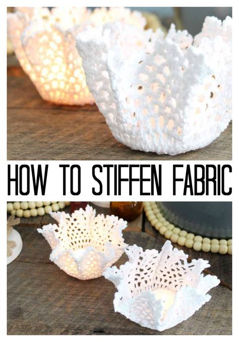 Learn how to stiffen fabric and make these doily candle holders that are perfect for weddings! A quick and easy DIY wedding idea! Things To Make With Doilies, How To Crochet Doilies For Beginners, How To Stiffen Fabric, Fabric Stiffener Diy, Diy Fabric Stiffener, Doilies Crafts Repurposed, Vintage Lace Crafts, Cookie Crafts, Lace Crafts Diy