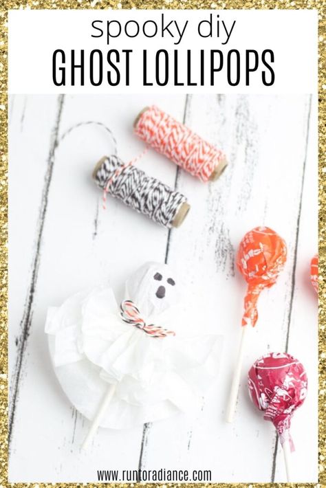 Ghost lollipops are a fun and easy Halloween craft that takes no time at all. In this post, I'll tell you how to make these spooky ghosts! #runtoradiance #ghostlollipops #halloween #halloweencrafts #halloweenpartyideas #halloweencraftsforkids Cheap Halloween Crafts, Ghost Lollipops, Simple Ghost, Easy Halloween Craft, Easy Halloween Snacks, Halloween School Treats, Fun Halloween Treats, Diy Halloween Games, Halloween Craft Projects