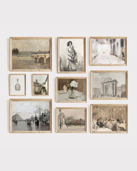 Parisian Gallery Wall, Beige Aesthetic Art, Art Beige Aesthetic, Parisian Wall Art, French Country Art, Art Parisien, Vintage Gallery Wall, Parisian Art, Parisian Decor