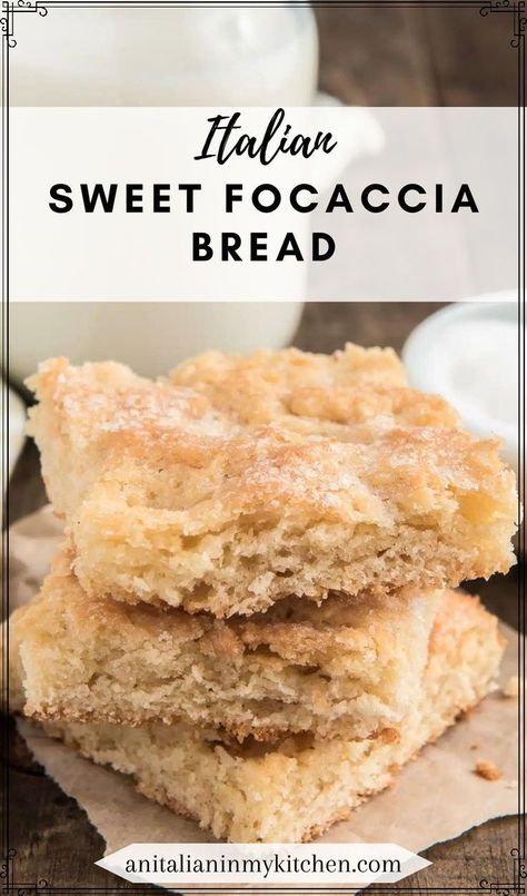 This delicious sweet focaccia bread has a crisp sugar topping that gives it a sweet twist on what is usually considered a savory Italian bread. It’s perfect to serve with tea or to enjoy as a light dessert. Sweet Focaccia, Sour Cream Donut, Cinnamon Bread Easy, Easy Homemade Cookies, Light Dessert, Focaccia Bread Recipe, Lemon Bread, Make Ahead Desserts, Sweet Buns