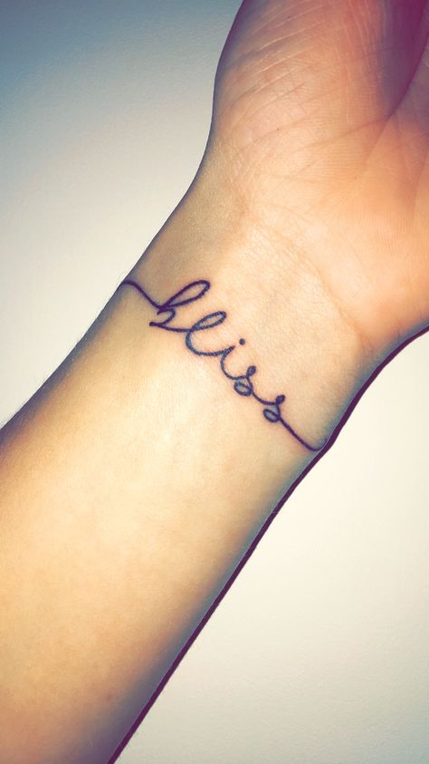 Pure Word Tattoo, Bliss Tattoo Words, Bliss Tattoo, Trust Word Tattoo, Choose Happy Tattoo Ideas, The Word Love Tattoos Fonts, New Age Tattoo, Scripture Tattoos, Arm Tats