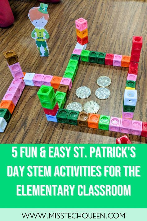 Celebrate St. Patrick's Day with 5 hands-on STEM activities for elementary students.  Your students will love building a leprechaun trap, creating a tool for collecting gold and disguising a shamrock.  These easy STEM activities are perfect to add to your classroom or STEM Lab in March. Help your students improve their critical thinking, design, & problem solving skills with these STEM and STEAM challenges. Head over to the Miss Tech Queen website to read more about each of these a activities. St Patricks Day Stem Activities Elementary, Leprechaun Trap Stem Challenge, St Patrick’s Day Stem Activity, March Stem Activities For Kids, Design Problem Solving, Easy Stem Activities, March Stem, Stem Challenges Elementary, A Activities