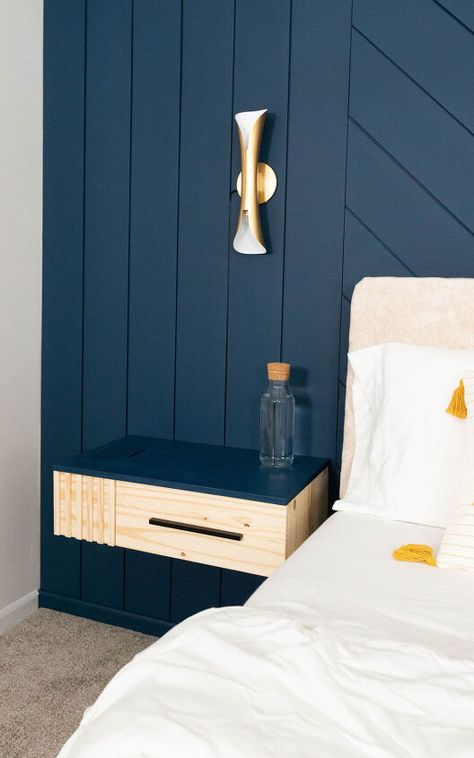 Diy Nightstand Floating, Wall Mounted Headboard With Nightstands, Diy Headboard With Floating Nightstand, Headboard With Nightstand Attached Diy, Headboard With Built In Lights, Floating Nightstands Bedroom, Gap Between Bed And Wall, Diy Headboard With Nightstand, Wall Mounted Headboard Diy