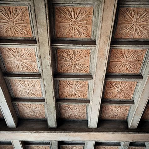 Beams In Bedroom Ceiling, Cottagecore Ceiling, Restaurant Ceiling Ideas, Rustic Coffered Ceiling, Ceiling Beam Ideas, Library Bathroom, Beam Ideas, Beams Ceiling, Basement Paint