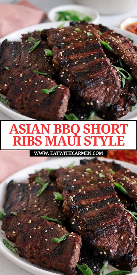 Experience the flavors of Asian BBQ Maui Style Beef - Grilled Boneless Short Ribs! This Maui ribs recipe delivers tender bbq ribs with a unique twist. Perfect for fans of Hawaiian dishes, this bbq short ribs dish is a delightful addition to your collection of Hawaiian food and bbq recipes. Ideal for meat dishes lovers, this recipe offers a taste of a traditional Hawaiian plate lunch. Add this to your favorite beef recipes for a flavorful and authentic Maui style BBQ experience. Maui Ribs Recipe, Maui Ribs, Short Ribs In Oven, Beef Chuck Short Ribs, Asian Short Ribs, Boneless Beef Ribs, Bbq Beef Short Ribs, Hawaiian Plate Lunch, Asian Steak Bites