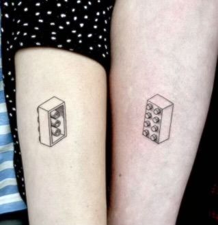 Small Matching But Different Tattoos, Card Matching Tattoo, Matching Lego Tattoo, Similar Tattoos For Couples, Unusual Matching Tattoos, Matching Food Tattoos, Men Matching Tattoos, Matching Minecraft Tattoos, Unique Friend Tattoos