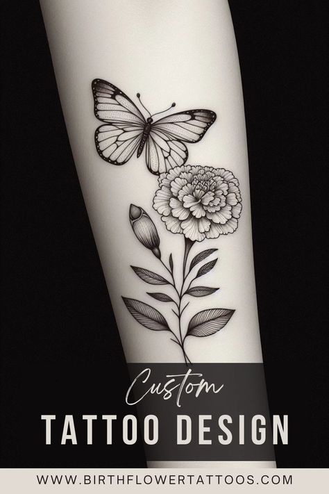 🌸✨Butterfly and Marigold Flower Tattoo | Minimalistic October Birth Flower Design✨🌹 October Birth Flower Tattoo Marigold, Flower Tattoo Minimalist, Marigold Flower Tattoo, October Birth Flower Tattoo, Marigold Tattoo, October Birth Flower, October Birth Flowers, Tattoos For Women Flowers, Birth Flower Tattoos