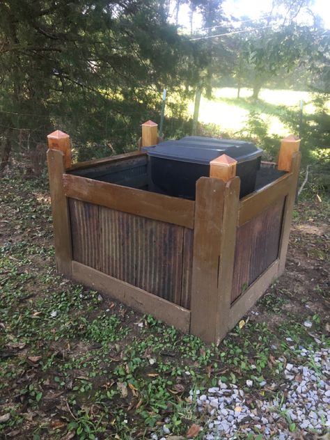 Roadside Trash Can Storage, Wood Garbage Can Holder Diy, Wooden Garbage Can Holder, Pallet Garbage Can Screen, Rustic Garbage Can, Raccoon Proof Garbage Can, Trash Storage, Corrugated Tin, Craftsman Style House