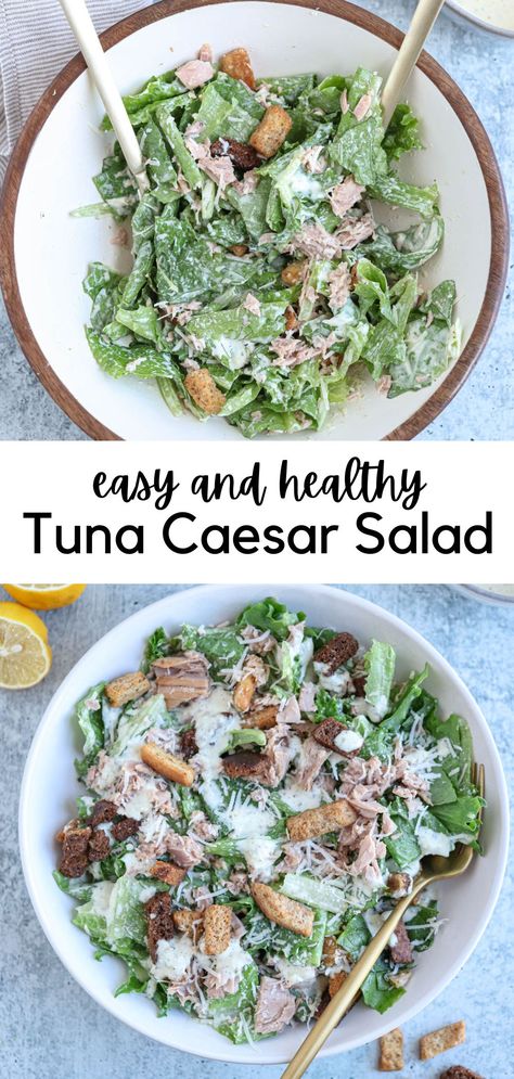 tuna caesar salad in a bowl with croutons, parmesan cheese and caesar dressing. Salad Tuna Recipes, Tuna Ceaser Salad, Green Salad With Tuna, Tuna Lettuce Salad, Tuna Caesar Salad, Salad With Canned Tuna, Healthy Recipes With Canned Tuna, Tuna In Salad, Dressing For Tuna Salad