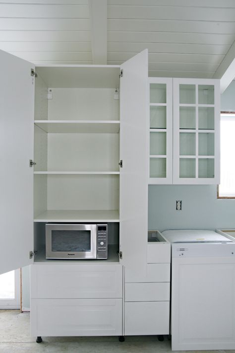 Well pals!  We officially have cabinets!      OK, so we are not completely done by any means, however, majority of the main cabinets have be... Kitchen Pantry Cabinet Ikea, Pantry Cabinet Ikea, Bathroom Storage Ideas For Small Spaces, Ikea Pantry Organization, Ikea Pantry, Ikea Cabinet, Cabinet Installation, Zimmer Diy, Kitchen Ikea