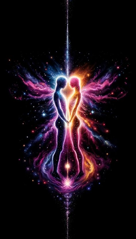 A spiritual art illustration depicting a couple immersed in a cosmic art galaxy. Their bodies intertwined, radiating the pure essence of love and romance in vibrant hues of the cosmos. The couple galaxy painting is a divine epitome of eternal love. Spiritual Art Love, Love Connection Art, Spiritual Couples, Spiritual Love Art, Spiritual Couple, The Lovers Art, Bodies Intertwined, Two Souls Connecting Art, Spiritual Art Painting