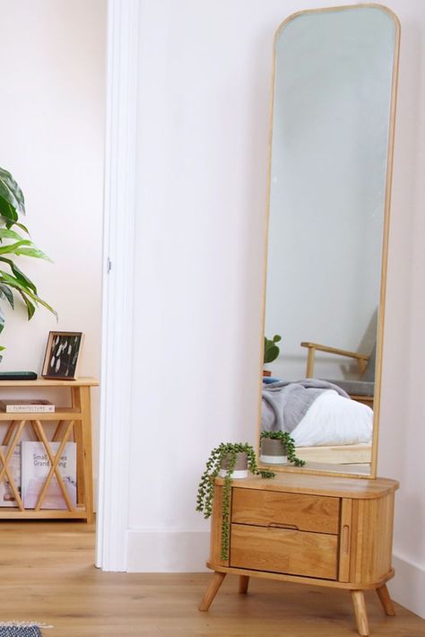 Futon Company Oak Tall Tambour Mirror Dresser With Full Length Mirror, Mirror Wall Decor Bedroom, Full Length Mirror In Bedroom, Room Mirror Ideas, Calm Room, Small Bedroom Inspiration, Free Standing Storage, Side Shelves, Mirror Wall Bedroom