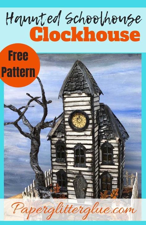 How to make this Spooky Haunted Halloween Schoolhouse with a clock face and a coffin door to decorate for Halloween. Free pattern and full tutorial. Vintage Paper Template, Halloween Villages, Craft Models, Advent House, Halloween Houses, Paper House Template, Halloween Arts, Cardboard Houses, Haunted House Diy