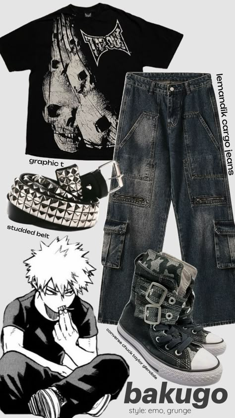 bakugo (requested) #outfitinspo Edgy Fits, Guys Fashion Casual, Mens Smart Casual Outfits, 2000s Fashion Trends, Anime Inspired Outfits, Cool Outfits For Men, Punk Outfits, Cool Fits, Swaggy Outfits