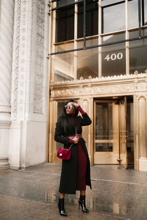 Burgundy Midi Dress, Chic Winter outfits, black longline coat, black booties, how to wear a burgundy sweater dress. Burgundy Midi Dress Outfit, Burgundy Dress Outfit Winter, Burgundy Sweater Dress Outfit, Midi Dress Outfit Winter, Nude Shoes Outfit, Outfit With Sweater, Burgundy Dress Outfit, Burgundy Long Dress, Burgandy Sweater